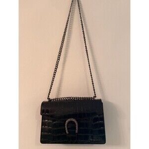 Marina Galanti Black Croc Embossed Crossbody Bag Horseshoe Buckle Chain Strap